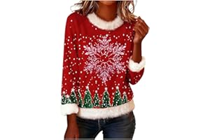LIKEOULI Christmas Sweatshirts for Women Fuzzy Faux Fur Trim Fancy Casual Long Sleeve Pullover Loose Fashion Printed Tops