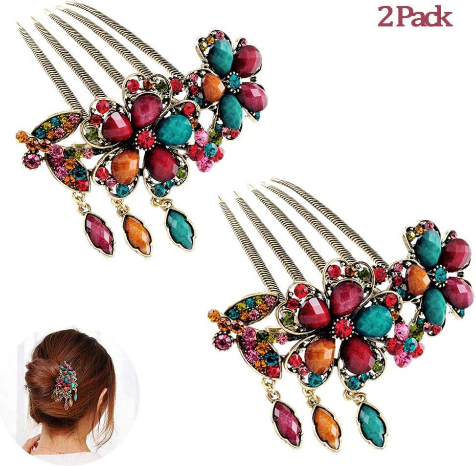 2Pcs Women Hair Combs Accessories, MERYSAN Retro Decorative Hair Comb Clips - Rhinestone Flower Hairpin for Wedding Prom(Colorful)
