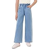 Haloumoning Girls Cute Wide Leg Flared Jeans Kids Oversized Elastic Waist Paper Bag Pants with Pockets 5-14 Years
