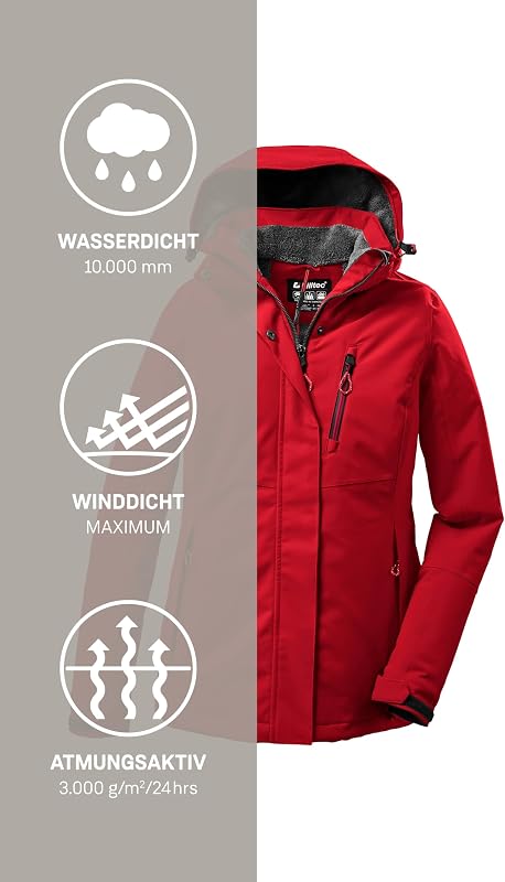 KOW 140 WMN Jckt Casaco de inverno com capuz destacável, vermelho, 44 para mulheres