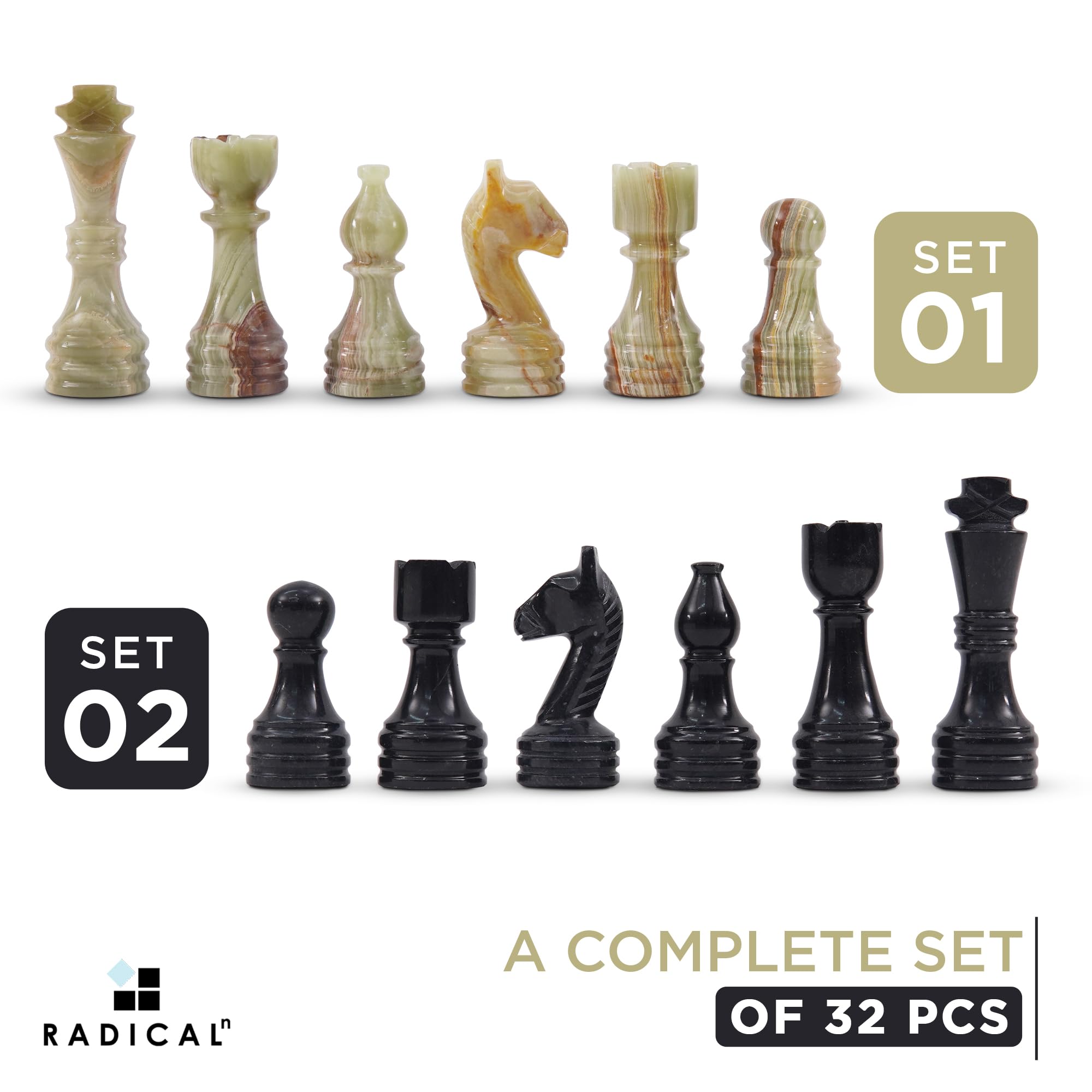 Radicaln Marble Chess Pieces Black & Multi Green 3.5 Inch King Figures Handmade 32 Chess Figures - Suitable for 16-20 Inch Chess Game - Board Games
