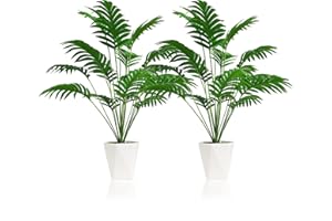 SAJANDAS Set of 2 Artificial Areca Palm Plants in Pots, 32 Inch Fake Tropical Palm Trees with Greenery Leaves and Stems, Faux