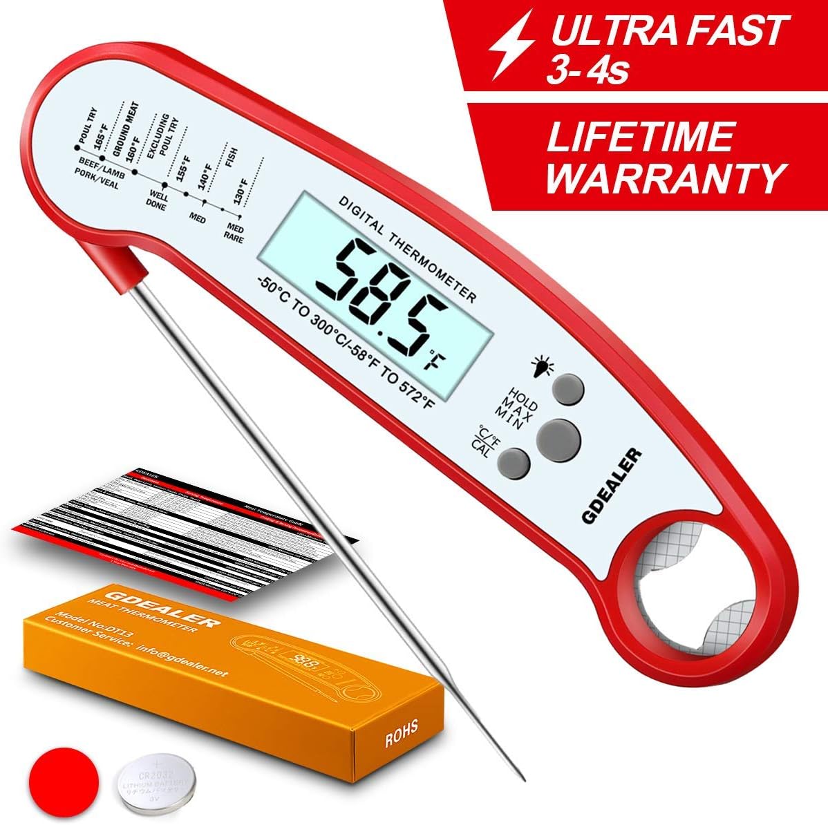 GDEALER Meat Thermometer Waterproof Digital Instant Read Food Thermometer with Bottle Opener Calibration Function Kitchen Thermometer for Cooking Food Candy, BBQ Grill, Smokers