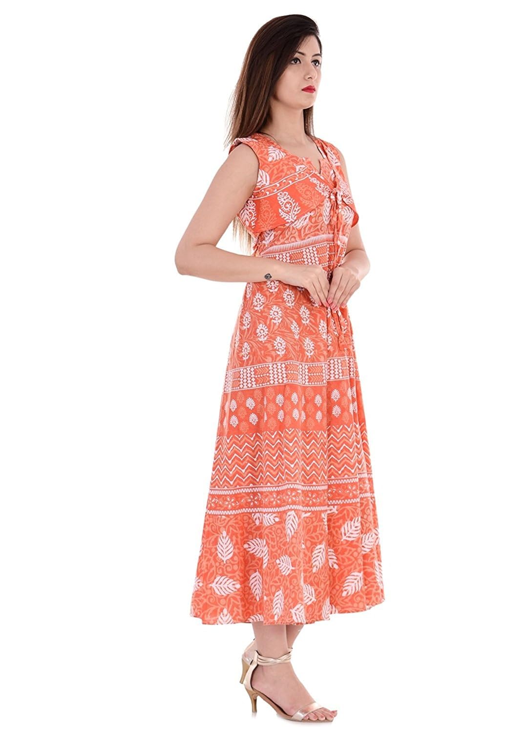 sampat enterprises women's cotton jaipuri floral printed maxi dress(a_orange_xxxxxs)