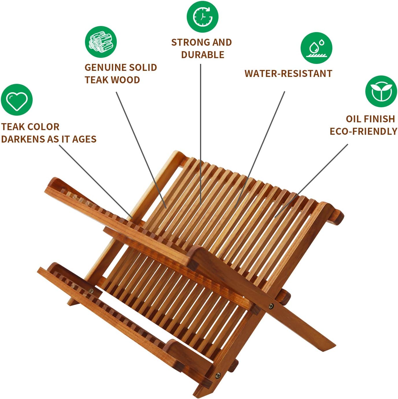 Utoplike Teak Dish Rack Stand Drainer, Collapsible 2 Tier Dish Drying Rack with Cup Holder, Wooden Plate organiser for Kitchen - Image 3