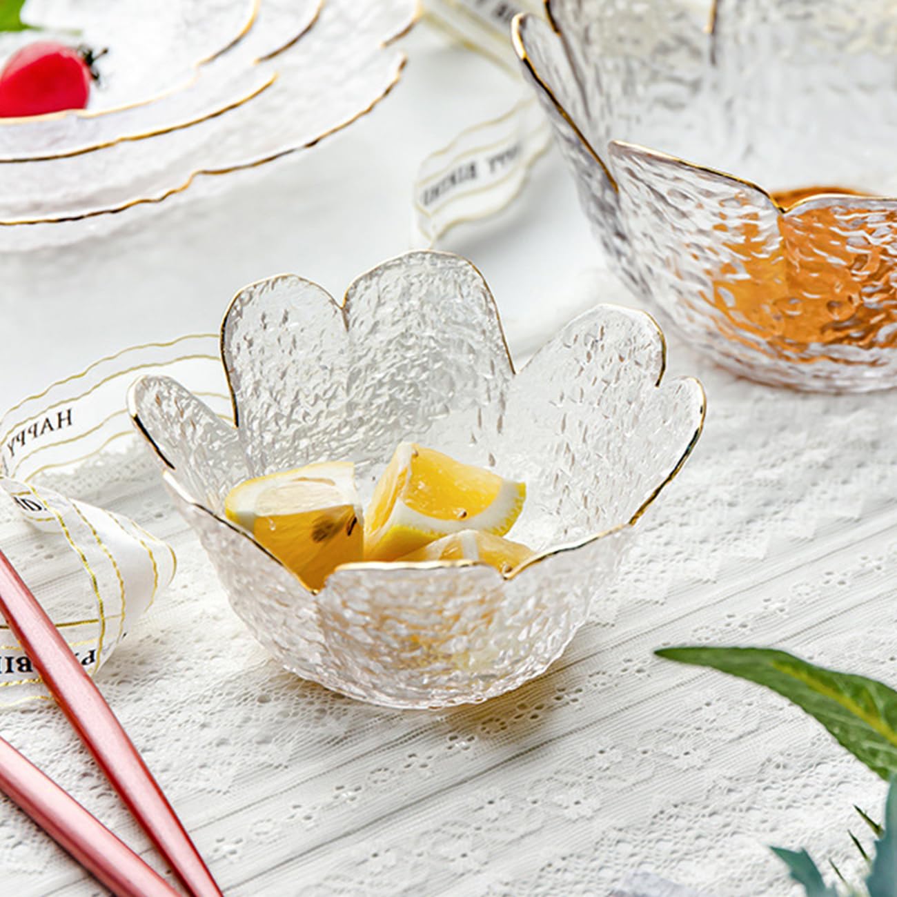soulnioi Glass Dipping Bowl, Crystal Flower Shape Sauce Dishes, Gold Inlay Mini Snack Dessert Bowls for Home Wedding Party 9.5cm Diameter - White