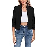 MINTLIMIT Cropped Blazers for Women 3/4 Ruched Sleeve Notched Collar Open Front Cardigan Business Casual Blazer Jackets