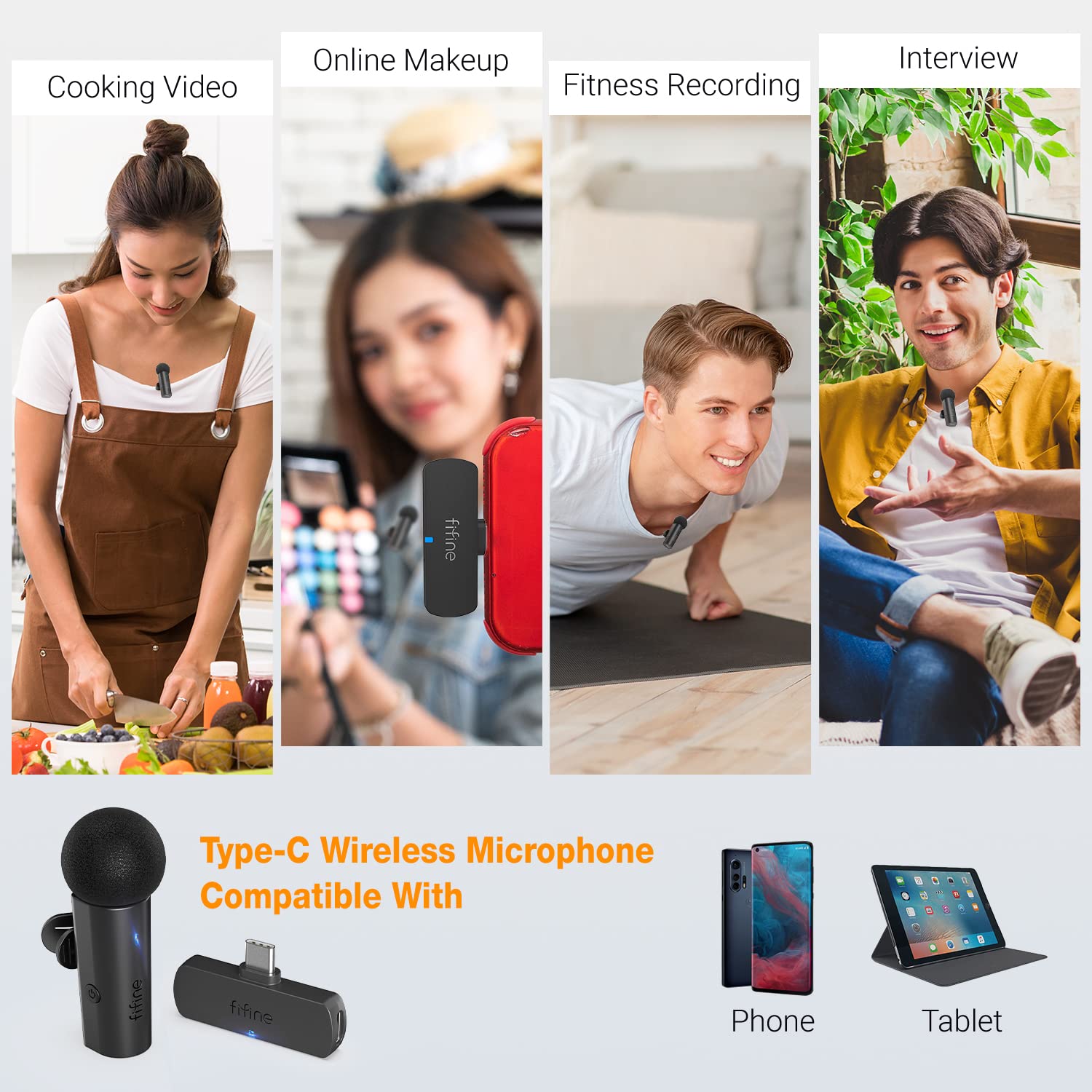 FIFINE Wireless Lavalier Lapel Microphone for iPhone15(USB C)/Android Phone/Tablet, Cordless Condenser Clip-On Microphone, Mini Mic, Type C Receiver for Video, Interview, Vlog, YouTube, Recording-M6