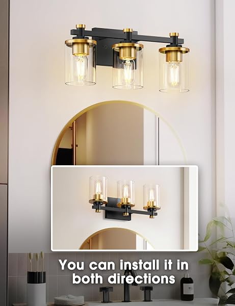 L LOHAS LED 3 LIGHT BATHROOM VANITY LIGHT, BLACK AND GOLD BATHROOM LIGHT FIXTURE OVER MIRROR, MODERN LIGHTING FIXTURES WITH CLEAR GLASS SHADE, VINTAGE VANITY LIGHTS FOR BATHROOM MIRROR HALLWAY, ETL
