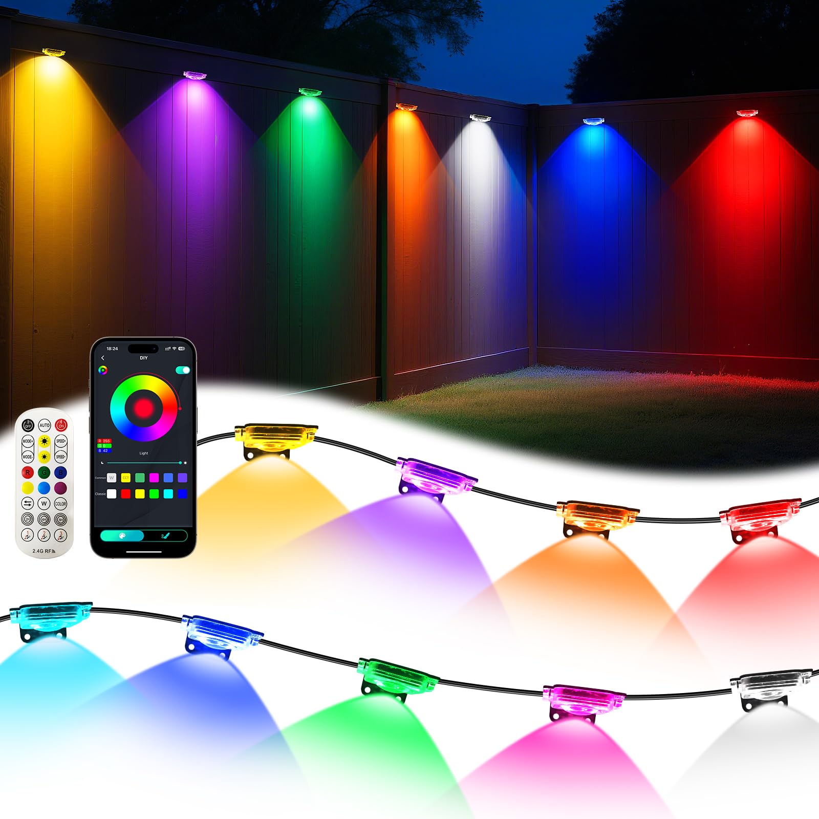 Photo 1 of PIYOOPDR Permanent Outdoor Lights 100FT DIY RGB-IC LED Christmas Eave Lights, Smart Fence Deck Light, 4000K White & Multicolor, IP67 Waterproof, App/Remote Control, Holiday for House Outside Decor