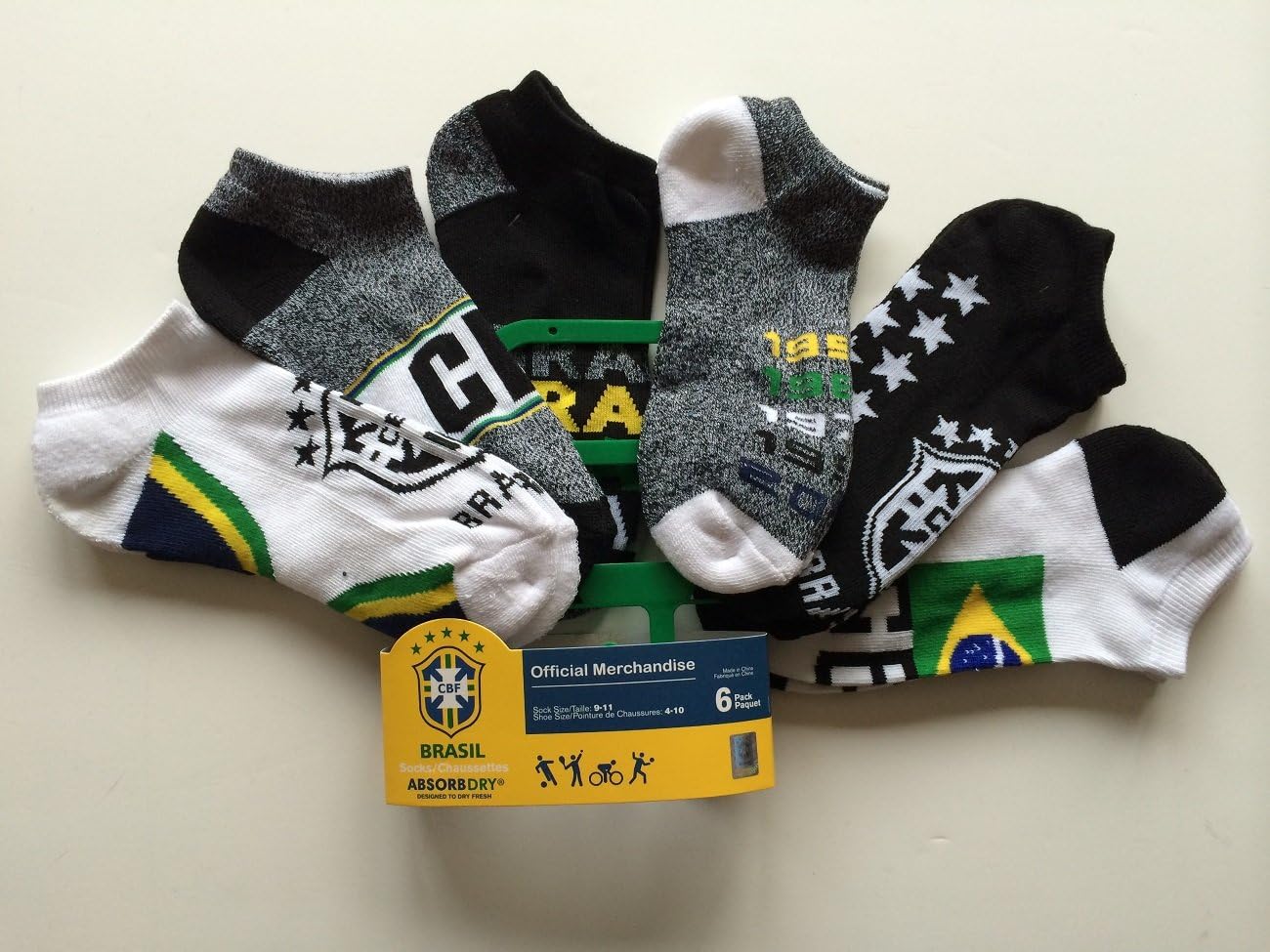 Planet Socks AbsorbDry 6 Pairs/Pack No Show Socks "BRASIL", Size 9-11, Multicolored