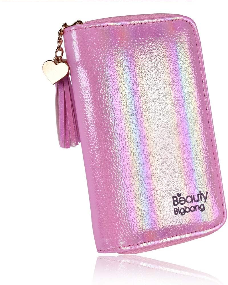 BEAUTYBIGBANG 24 Slots Nail Stamping Plate Organizer - Laser Holo Rectangular Square Round Nail Art Stamp Plate Holder Case Bag (Pink)