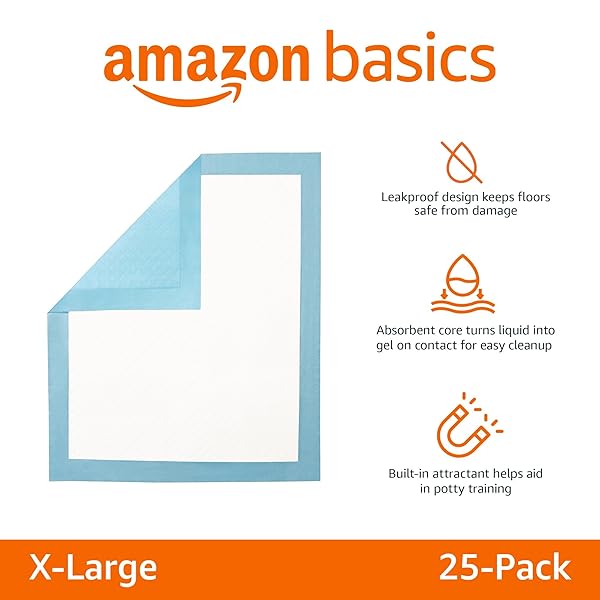 AMAZON BASICS DOG AND PUPPY PEE PADS WITH 5-LAYER LEAK-PROOF DESIGN AND QUICK-DRY SURFACE FOR POTTY TRAINING, HEAVY DUTY ABSORBENCY, X-LARGE, 28 X 34 INCH – PACK OF 25, BLUE & WHITE
