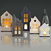 Syhood 8 Pcs Christmas Village Set, 5 LED Lighted Wooden Houses and 3 Frosted Trees Christmas Decorations Indoor Scenes Farmhouse Rustic Decor for Tabletop Mantel Xmas Holiday Decor