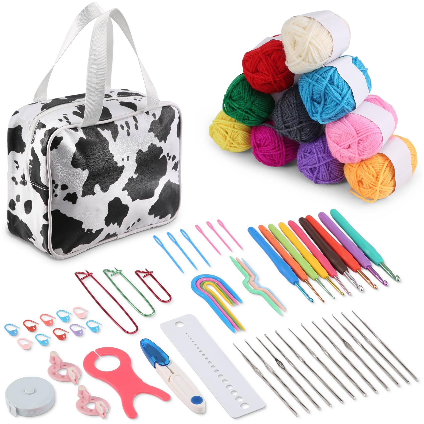 Povxlum 64pcs Crochet Kit Knitting Needles Supplies for Beginners with Wool Yarn Storage Case Crochet Hooks 0.6mm-1.9mm Knitting Tool Accessories with Carry Bag