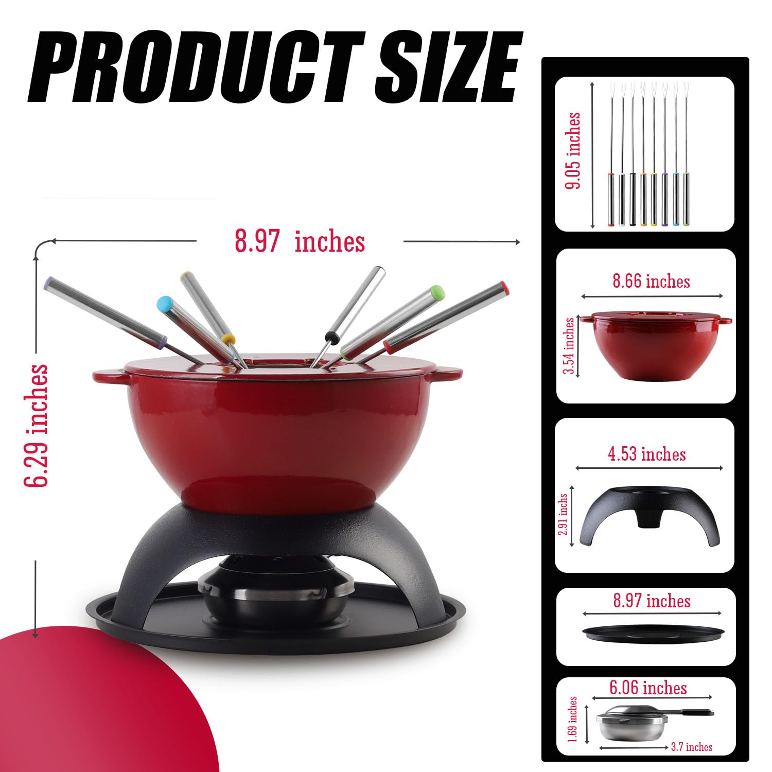 Artestia Cast Iron Cheese Fondue Set 11-Piece with Adjustable Burner, 6 Colored Forks, 5-Cup Red Swiss Fondue Set for Cheese, Chocolate, Caramel, Meat – Family Size 4-6 Persons