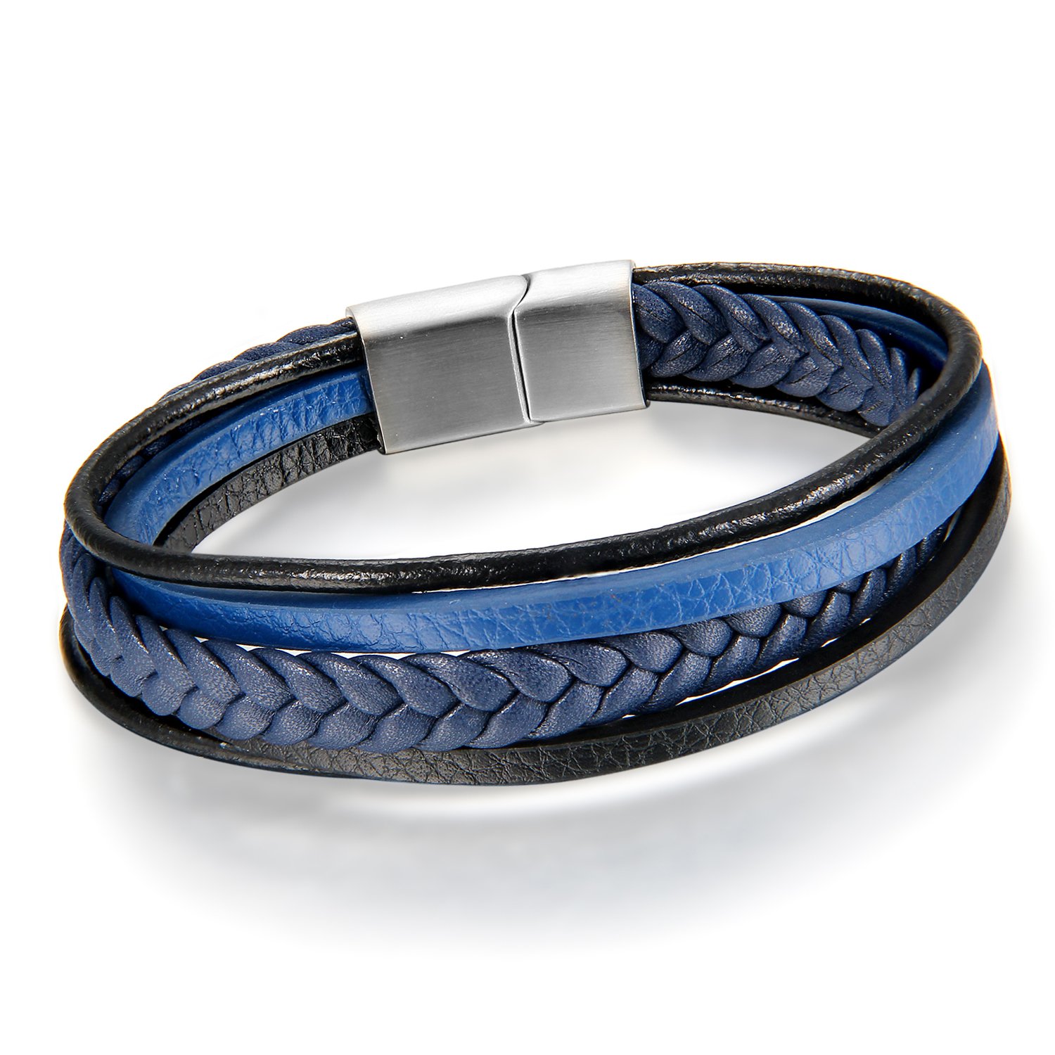 Cupimatch Men's Stainless Steel Magnetic Clasp Multi-Layer Black Blue Braided Leather Rope Bracelet Cuff (Blue) for Fathers Day