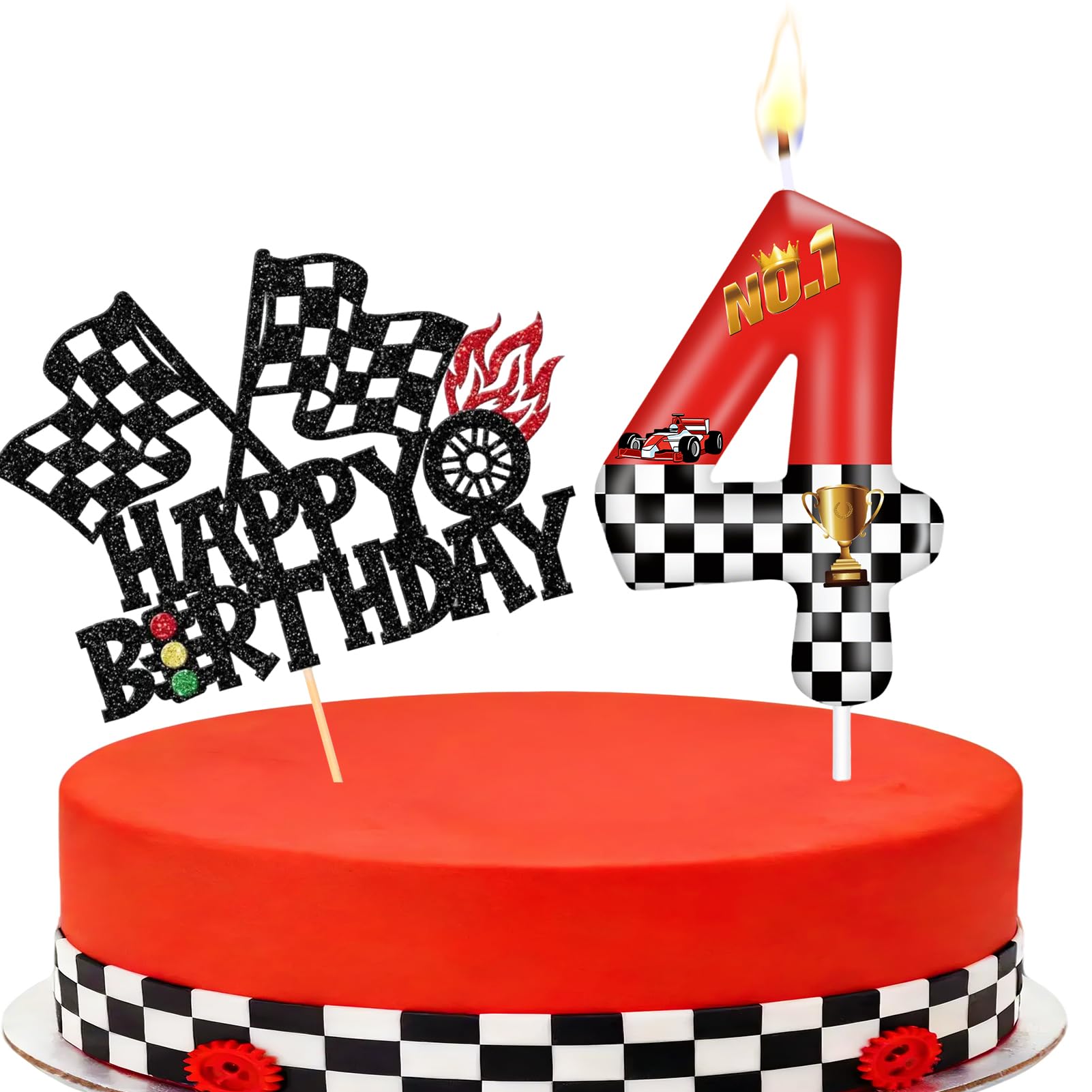Racing Cars Themed Number Candles, Cake Candles with Greeting Card for Birthday Party Wedding Anniversary Celebrations(4 Candle,Racing Cars)