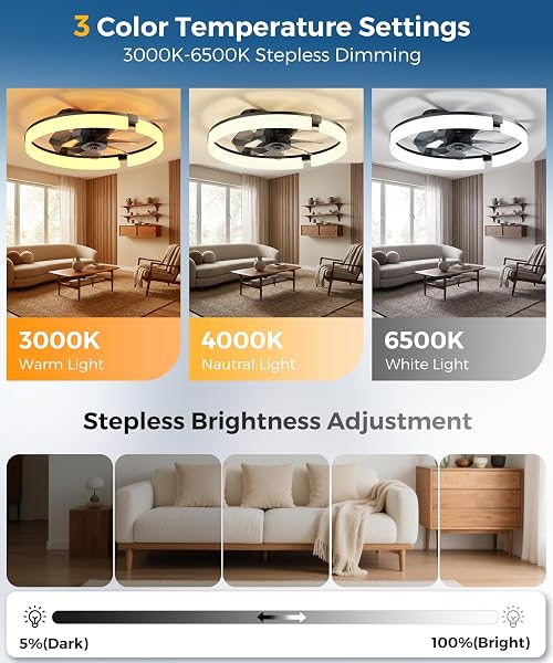 PACOVY CEILING FANS WITH LIGHTS AND REMOTE 20 INCH, 3200LM LED & 6-SPEED FAN, LOW PROFILE CEILING FAN LIGHT FANDELIER DIMMABLE 3000K–6500K, QUIET COPPER MOTOR, BEDROOM SMALL FLUSH MOUNT CEILING FAN