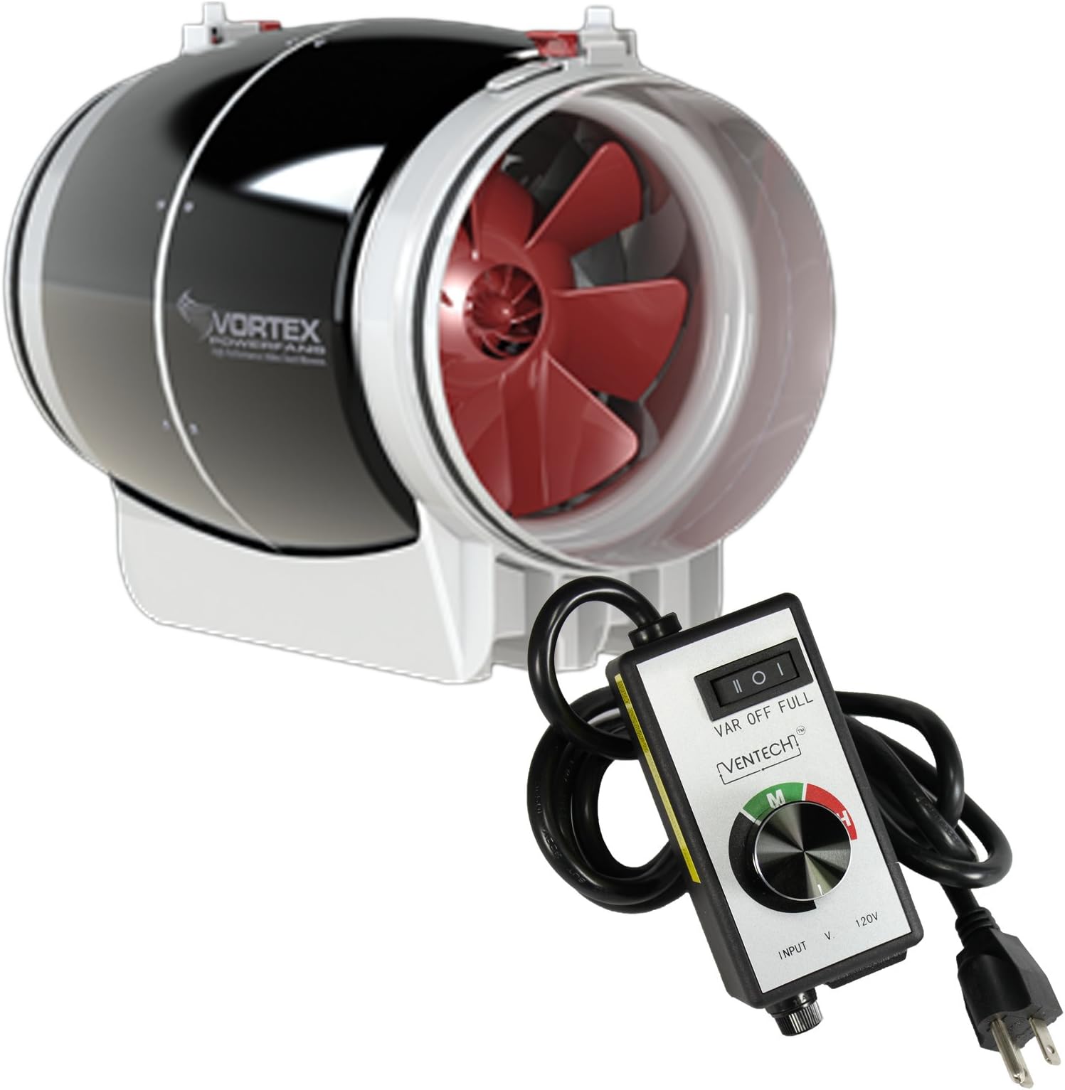 Vortex S-Line S-1000 Inline Fan 1081 CFM, 10 Inch and Ventech Controller, Residential and Industrial Ventilation Applications, Powerful, Compact, Mixed Flow Impeller, Energy Efficient
