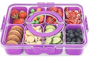 Divided Serving Tray with Lid and Handle, Portable Snackle Box Charcuterie Container for Veggies, Snack, Fruit, Nuts, Candy, 