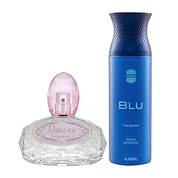 Maryaj Ramona Eau De Parfum Citrus Floral Perfume 100ml for Women and Ajmal Blu Homme Deodorant Aquatic Woody Fragrance 200ml for Men + 2 Parfum Testers FREE