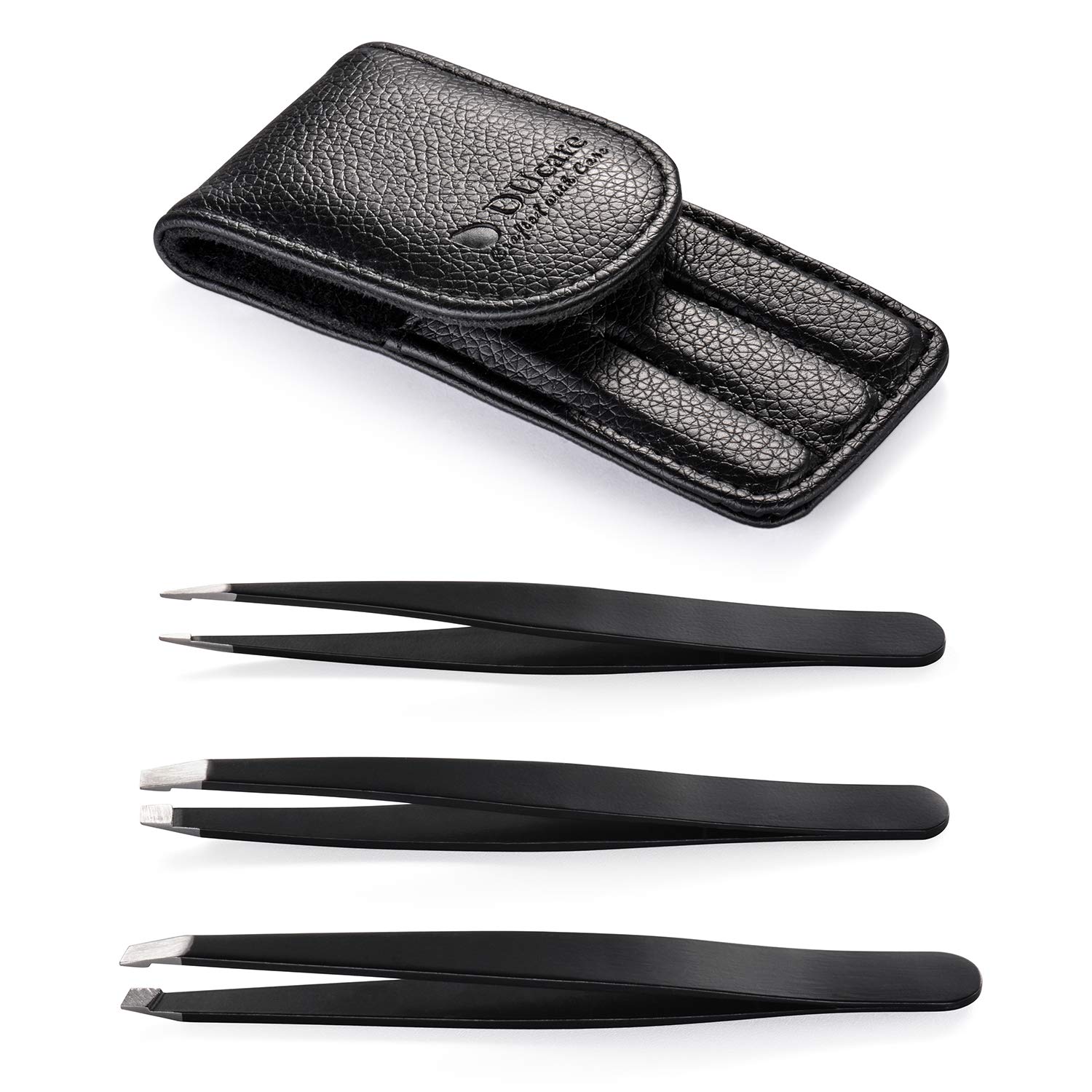 Tweezers Set, DUcare 3 Pieces Stainless Steel Tweezers for Eyebrow, Facial and Body Hair with Compact Travel Case Gift