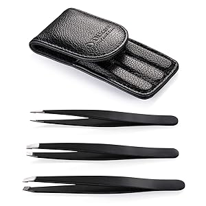 Tweezers Set, DUcare 3 Pieces Stainless Steel Tweezers for Eyebrow, Facial and Body Hair with Compact Travel Case Gift