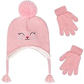 Toddler Girls Earflap Winter Hat and Gloves Set Kids Cat Beanie Fleece Lining Pom Pom Skiing Knit Caps Gift for Ages 3-7