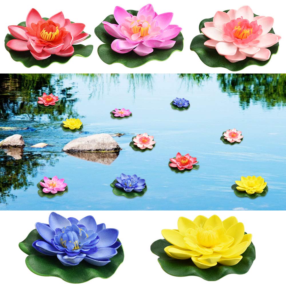 PERFETSELL 5 PCS Floating Flowers for Ponds, Artificial Foam Lotus Flowers Fake Floating Pond Plants Realistic Water Lily Pads Ornaments for Garden Pond Aquarium Fish Tank Decoration, 10cm/3.9inch