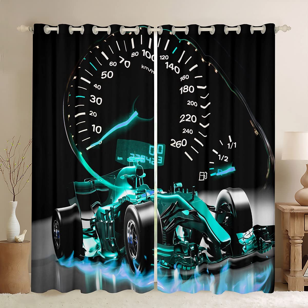 Sports Car Window Curtains for Bedroom Living Room Formula Race Car Curtains Kids Boys Girls Extreme Sports Window Drapes Cool Speed Teal Blue Window Treatments W52*L63 — image 1