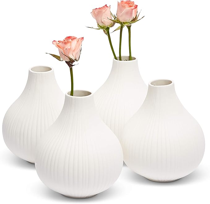 Sorsons White Ceramic Flower Vases Set of 4 Texture, Round Bottom