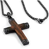 Metal Masters Co. Black Stainless Steel Cross Pendant, Real Santos Wood Free Necklace 24" Round Box Chain