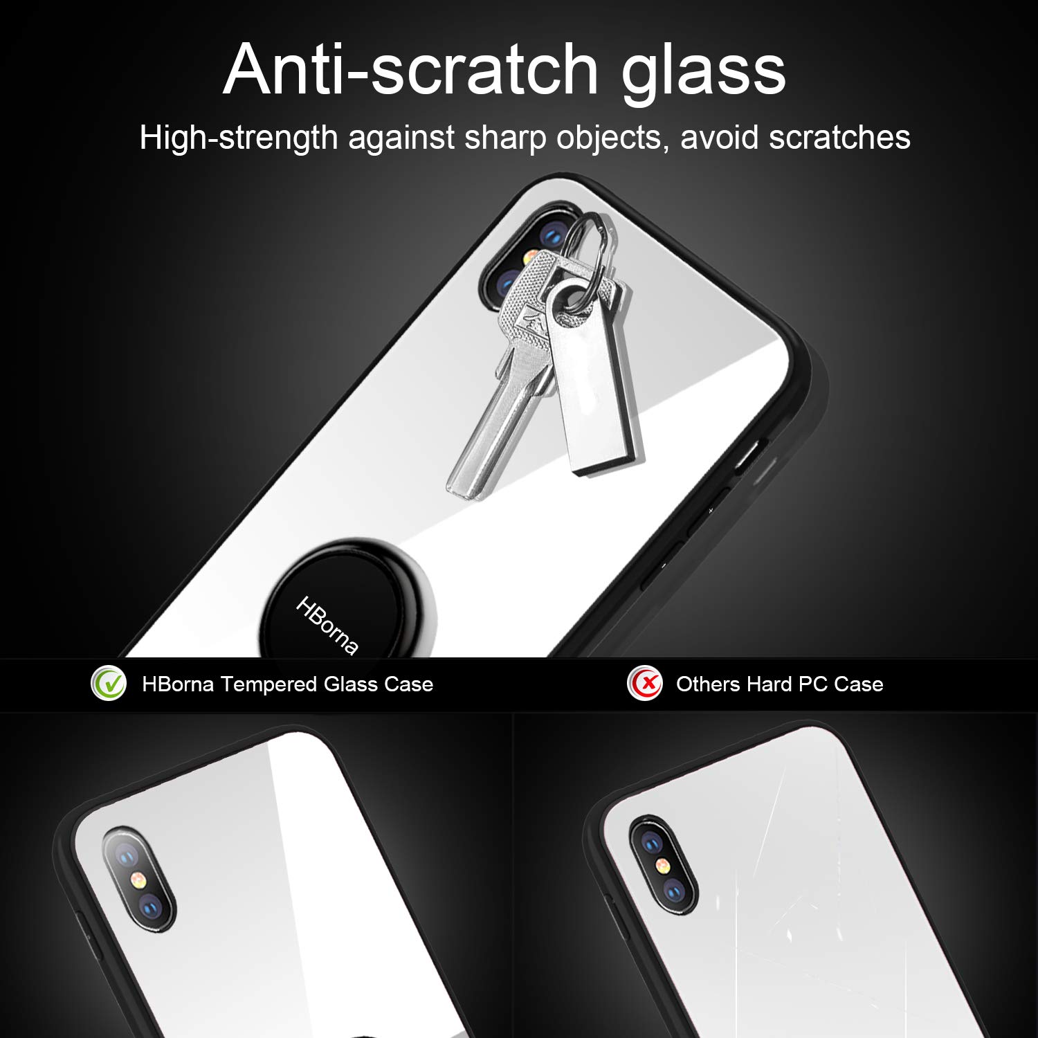 Cover iPhone X, Caso iPhone X con cover posteriore in vetro temperato Protezione Anti-Graffio con supporto per anello, Custodia protettiva per smartphone con telaio antiurto in TPU per Apple iPhone 10 (Bianco)