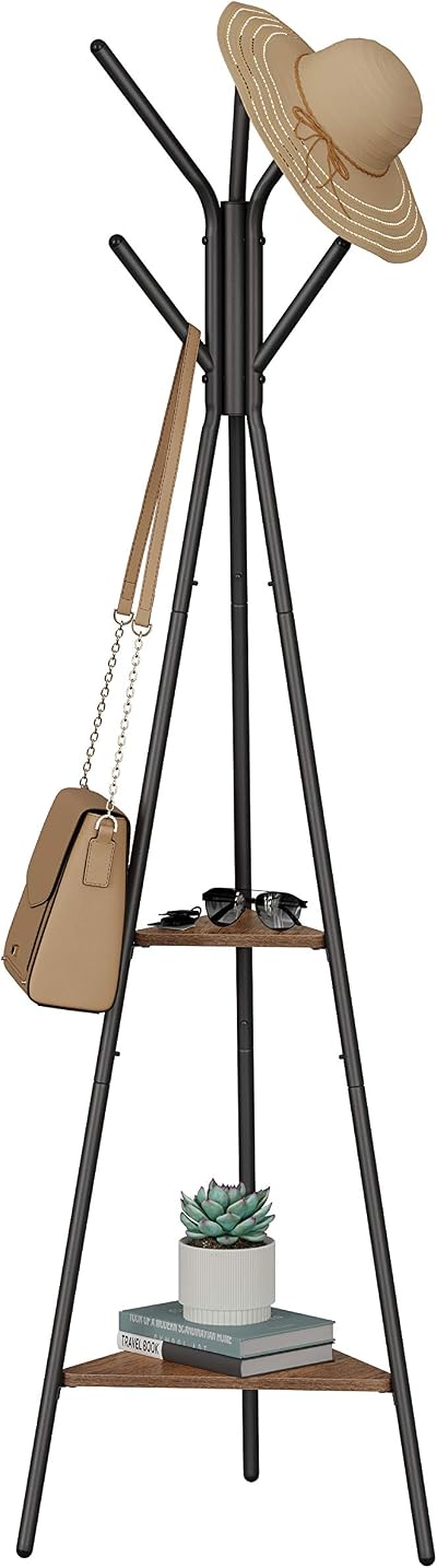 VASAGLE Coat Rack Stand Industrial 2 Shelves Hazelnut Black RCR016B01