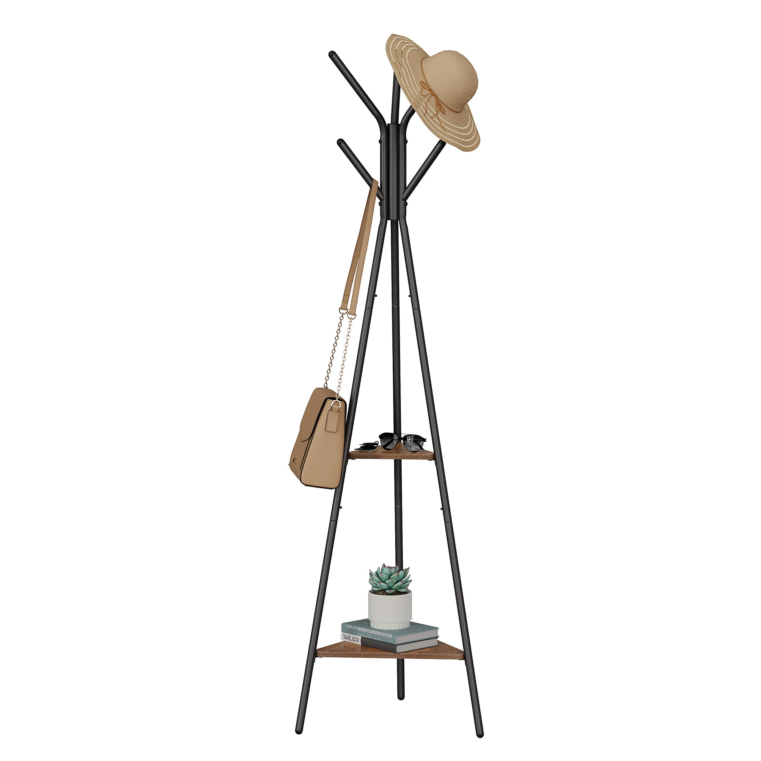 VASAGLE Rack Stand, Coat Tree, Hall Tree Free Standing, Industrial Style, with 2 Shelves, for Clothes, Hat, Bag, Hazelnut Brown and Black RCR016B01
