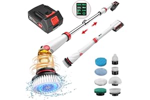 Veubew Electric Spin Scrubber, 1200 RPM Shower Scrubber, Floor Scrubber with 3 Adjustable Angles, Extension Handle & 8 Brush 