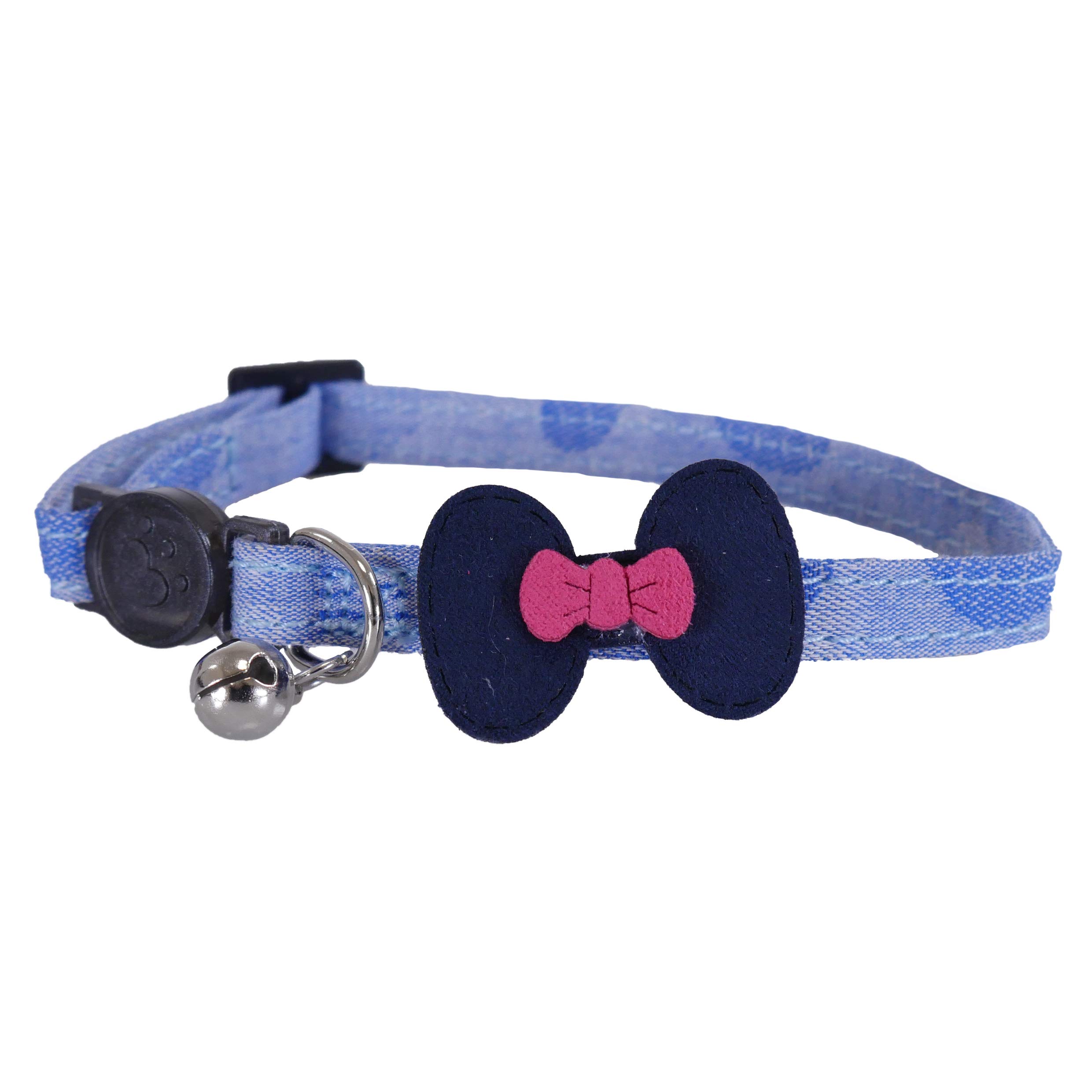 Rosewood Denim Designer Cat Collar, Blue Denim with Navy & Pink Bow, Breakaway Quick Release, Adjustable Safety Collar with Bell for Cats & Kittens, Stylish & Comfortable Cat Collar — image 1