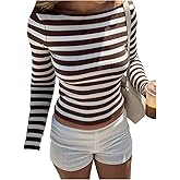Floerns Women's Striped Long Sleeve T Shirts Boat Neck Ruched Fall Ribbed Tee Tops