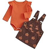 Karuedoo Newborn Baby Girl Halloween Thanksgiving Outfit Ruffle Ribbed Romper Pumpkin Suspender Skirt Overall Dress Set