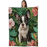 amepay Cute Boston Terrier Blanket Ultra-Soft & Cozy Flannel Fleece Throw Blankets - Lightweight & Warm Plush for Couch, Bed, Travel - Lush Outdoor Floral & Puppy Design 60x50 inch