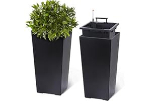Tall Planters Set of 2, 22.5 Inch Indoor Outdoor Planter Pots with Drainage Holes, Water Level Monitor and Automatic Watering