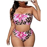 SOLY HUX Plus Size Bandeau Bikini Sets for Women Leopard Floral Print High Waisted Bathing Suit Two Piece Swimsuit