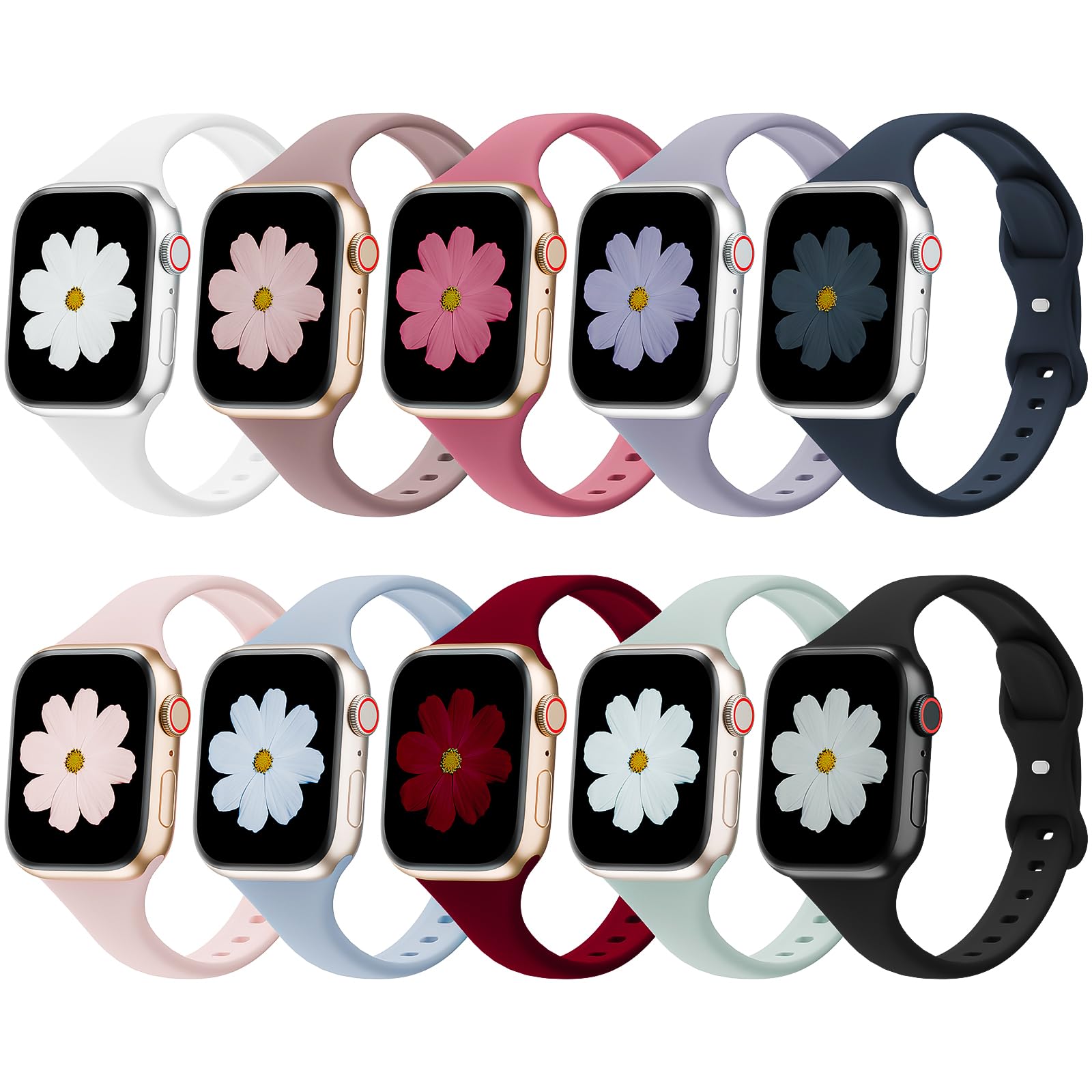 Photo 1 of 10 Pack Slim Bands Compatible with Apple Watch Bands 38mm 40mm 41mm 42mm 44mm 45mm 46mm 49mm, Soft Thin Silicone Sport Narrow Strap for iWatch Series 11/10/9/8/SE/7/6/5/4/3/2/1/Ultra Women Men