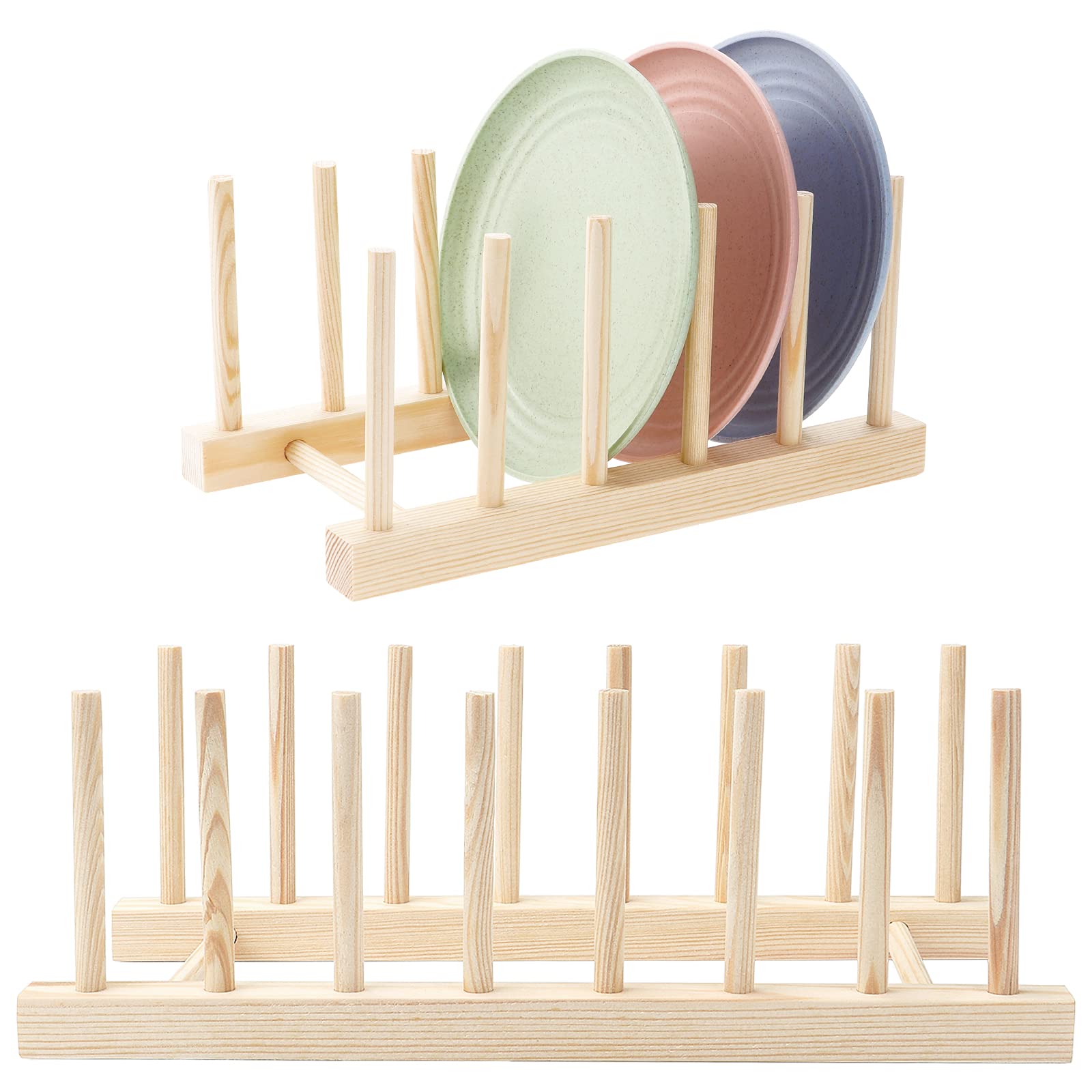 Kinsinder 2 Pcs Bamboo Dish Drainer, Bamboo Plate Rack Dish Storage Tray Rack Drainer Plate Stand Suitable for Storage CD Tableware Book Wine Glass