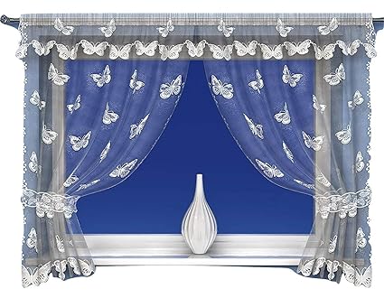 White Butterfly Pattern Window Curtain Net Set In White With