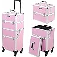 mefeir 2 in 1 Rolling Makeup Train Case, Makeup Travel Organizer Cosmetology Case, Aluminum Cosmetic Display Suitcase on Wheels, Beauty Storage Luggage Lockable w/4 Removable Wheels (Pink)