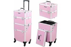 mefeir 2 in 1 Rolling Makeup Train Case, Makeup Travel Organizer Cosmetology Case, Aluminum Cosmetic Display Suitcase on Wheels, Beauty Storage Luggage Lockable w/4 Removable Wheels (Pink)