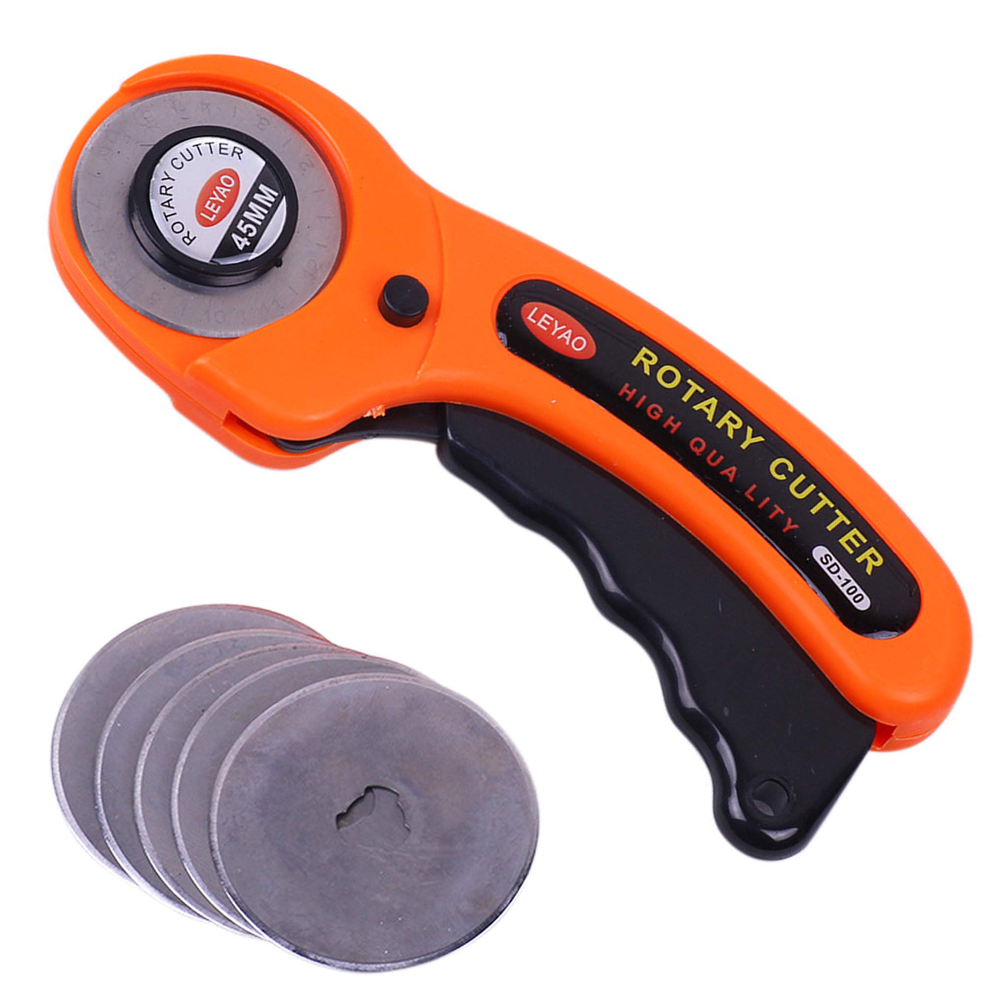 XUBX Rotary Knife Kit with 5 Replaceable Blades Diameter 45 mm Cutter, Castor Sewing Fabric Cutter with Protective Mechanism, for Sewing, Patchwork, Leather, Fabric, Paper