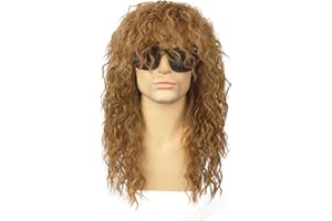 Wallden Hair 80s Rocker Wigs for Men and Women Mullet Wig Long Curly Hair Wig Kiss Wig Perfect for Halloween, Cosplay, DIY Themed Costume Party (Light Brown + Sunglasses)